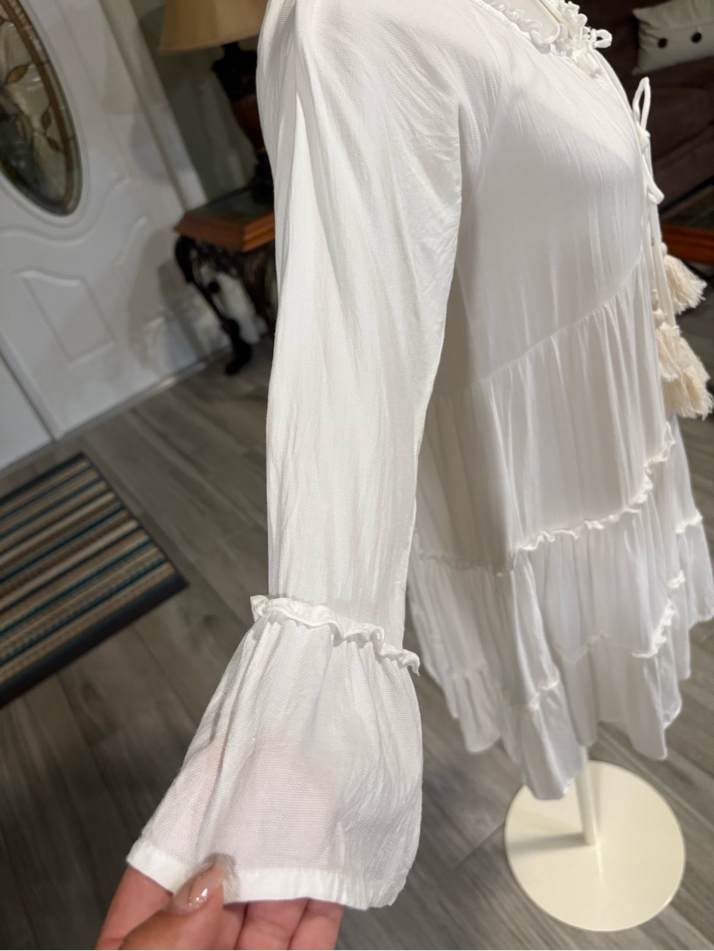 Cream Tiered Tassel-Front Mini Dress - Picture 4 of 8